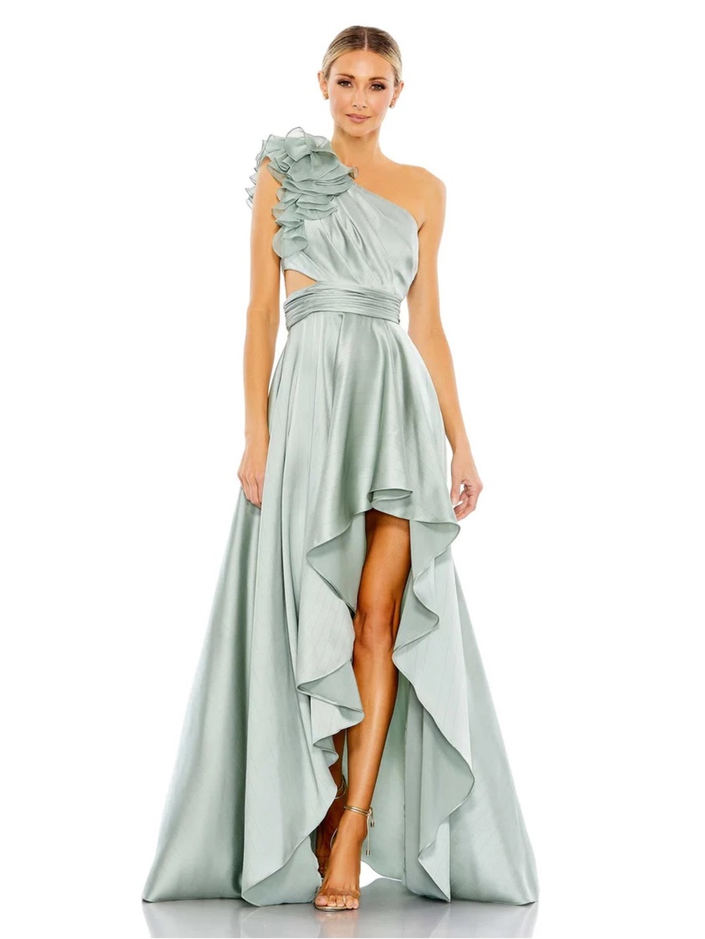 NWT Mac Duggal Ruffled One Shoulder Cut Out Hi-Lo Sage Satin Gown Size 8